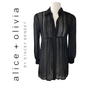 Alice + Olivia Black Semi Sheer Velvet Burnout Buttondown Babydoll Blouse XS-S